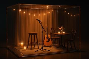 Komornejšia scéna vo vitríne so skleneným okrajom