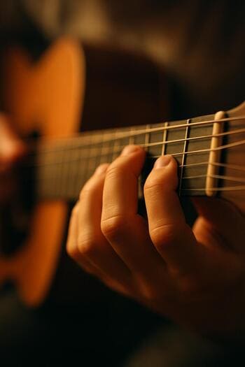 Detail prstov na gitare v teplom svetle