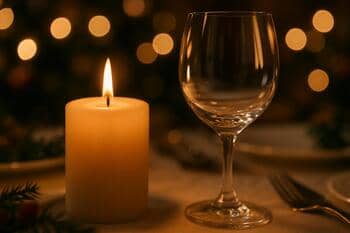 Detail sviečky a skla na slávnostnom stole