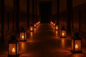 Lampáše tvoria medovú stopu pozdĺž sály