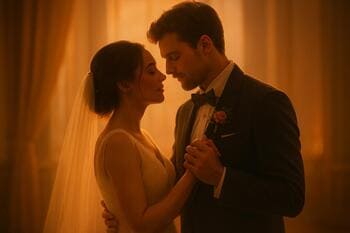 Svadobný pár tancuje v oranžovom svetle