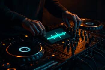 DJ mieša set, zvuková vlna svieti na displeji