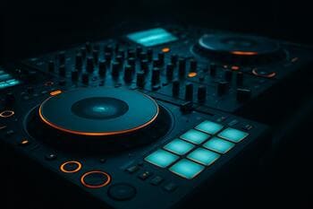 DJ pult s jemným tyrkysovým podsvietením