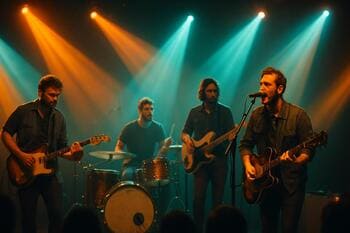 Kapela na pódiu s lúčmi svetla