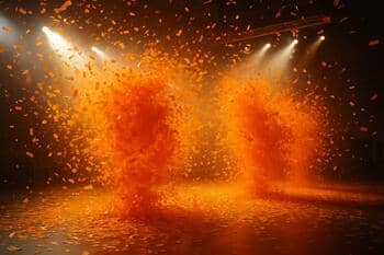 Oblaky oranžových konfiet v sále