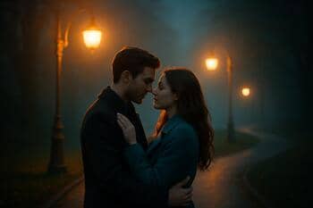 Pár pod lampášmi pri meandrujúcom svetle