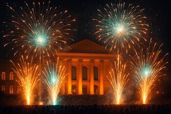 Ohňostroj pred sálou počas záveru