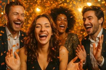 Oranžové konfety padajúce nad usmiatymi hosťami