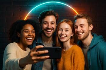 Priatelia robia selfie vo fotozóne s neónom