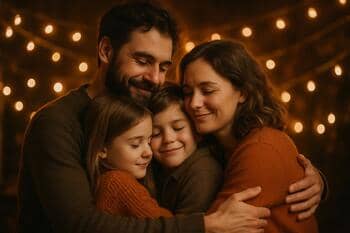 Rodinné objatie pod dekoratívnymi svetlami