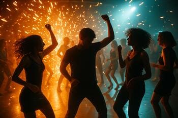 Tanečný parket s iskrami svetiel počas refrénu