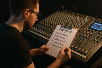 Zvukár kontroluje checklist pri mixpulte